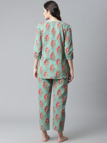 Women'S Green Floral Print Cotton Nightwear | LASVINI - Redefining Indian Fashion with Elegance