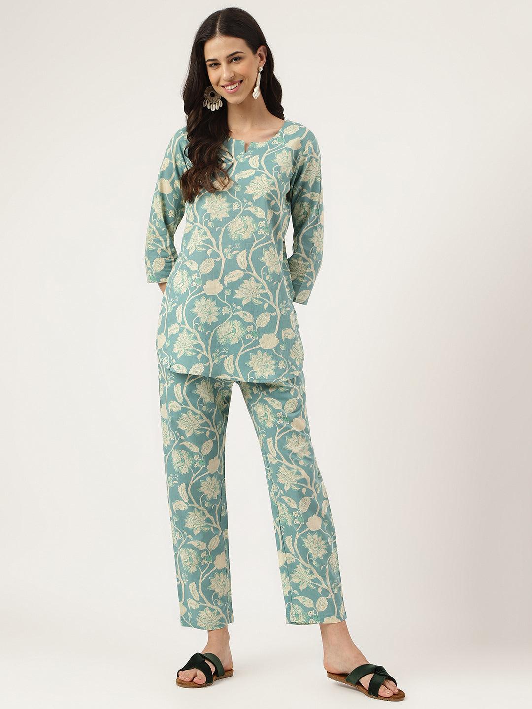 Sea Green Printed Loungewear/Nightwear | LASVINI - Redefining Indian Fashion with Elegance