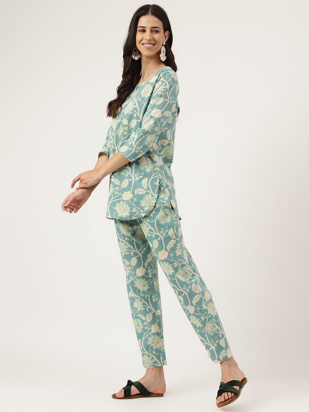 Sea Green Printed Loungewear/Nightwear | LASVINI - Redefining Indian Fashion with Elegance