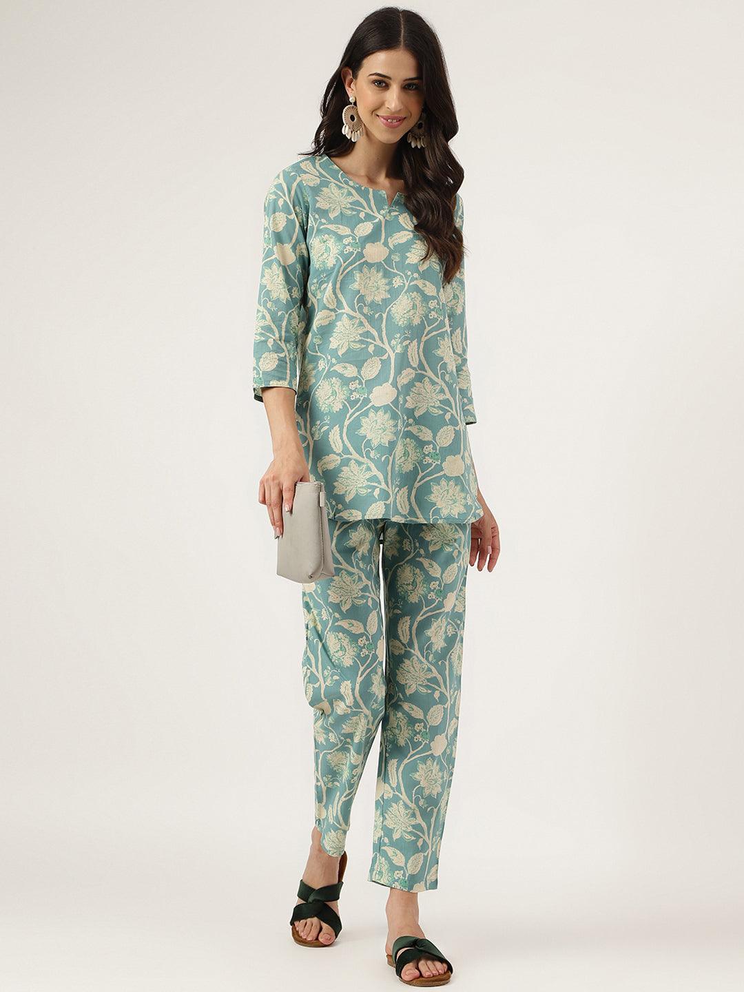 Sea Green Printed Loungewear/Nightwear | LASVINI - Redefining Indian Fashion with Elegance