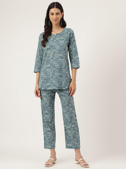 Teal Blue Printed Loungewear/Nightwear | LASVINI - Redefining Indian Fashion with Elegance
