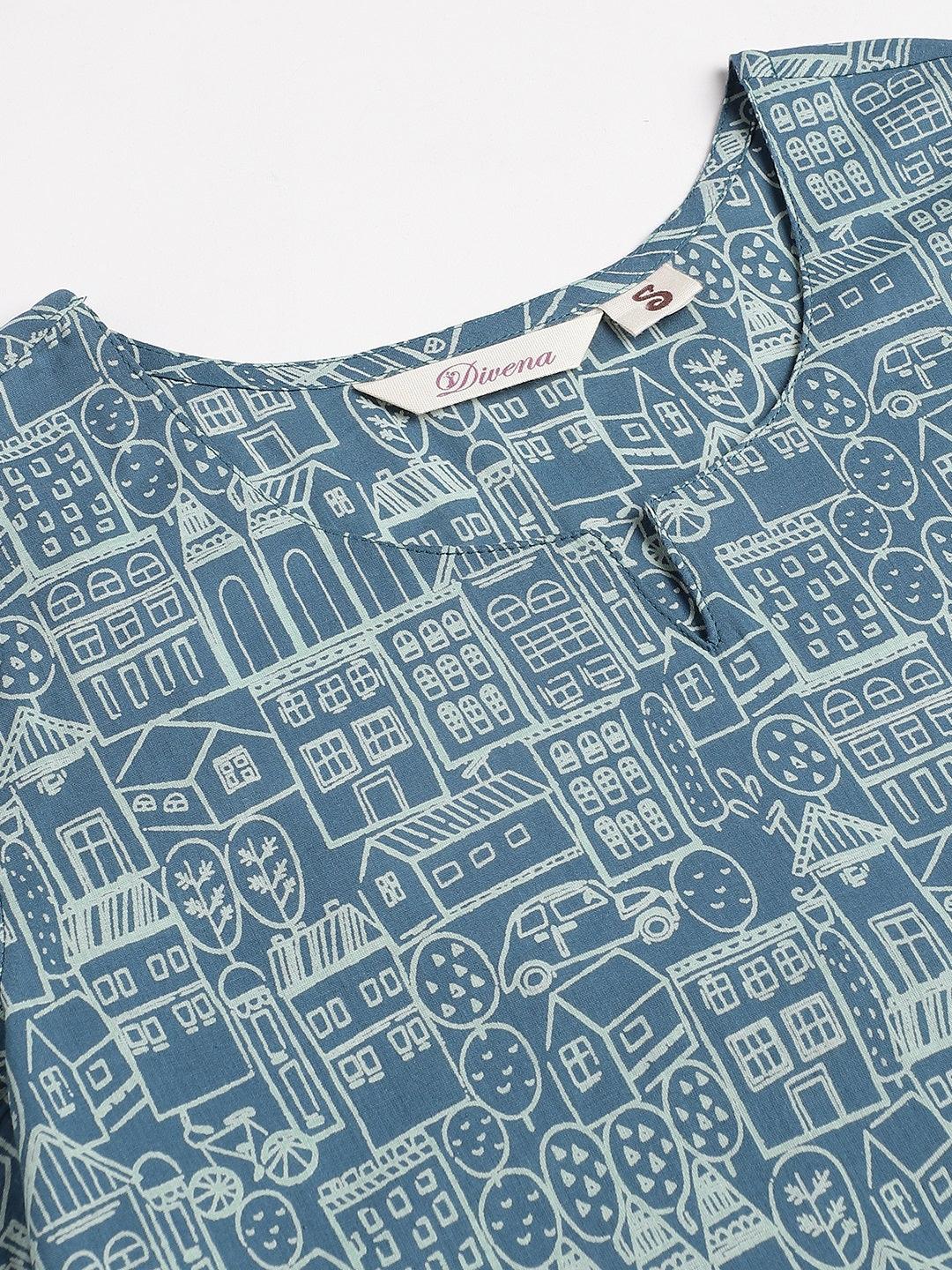 Teal Blue Printed Loungewear/Nightwear | LASVINI - Redefining Indian Fashion with Elegance