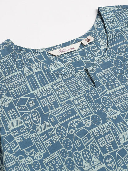 Teal Blue Printed Loungewear/Nightwear | LASVINI - Redefining Indian Fashion with Elegance
