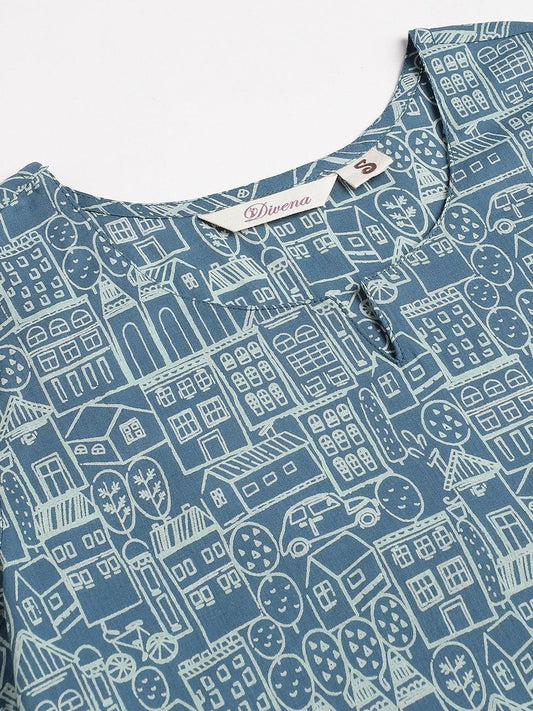 Teal Blue Printed Loungewear/Nightwear | LASVINI - Redefining Indian Fashion with Elegance
