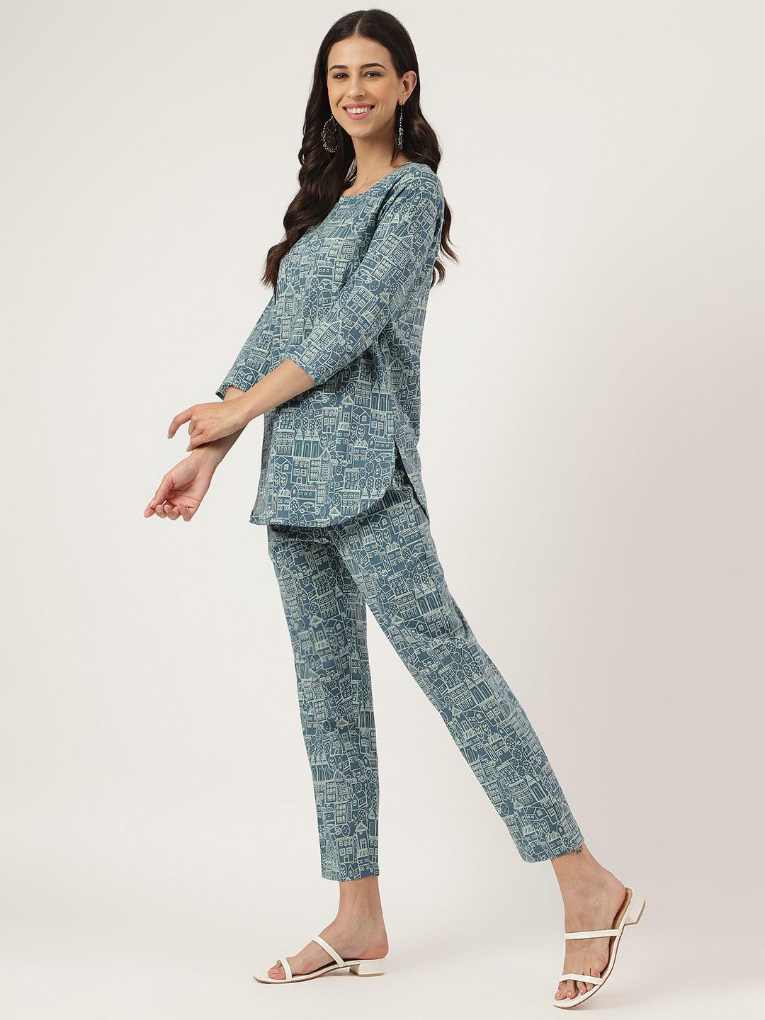 Teal Blue Printed Loungewear/Nightwear | LASVINI - Redefining Indian Fashion with Elegance