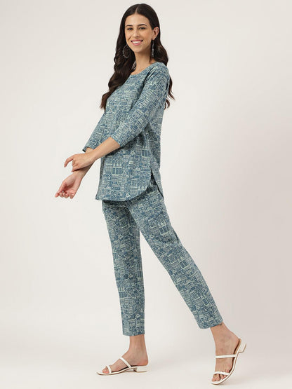 Teal Blue Printed Loungewear/Nightwear | LASVINI - Redefining Indian Fashion with Elegance