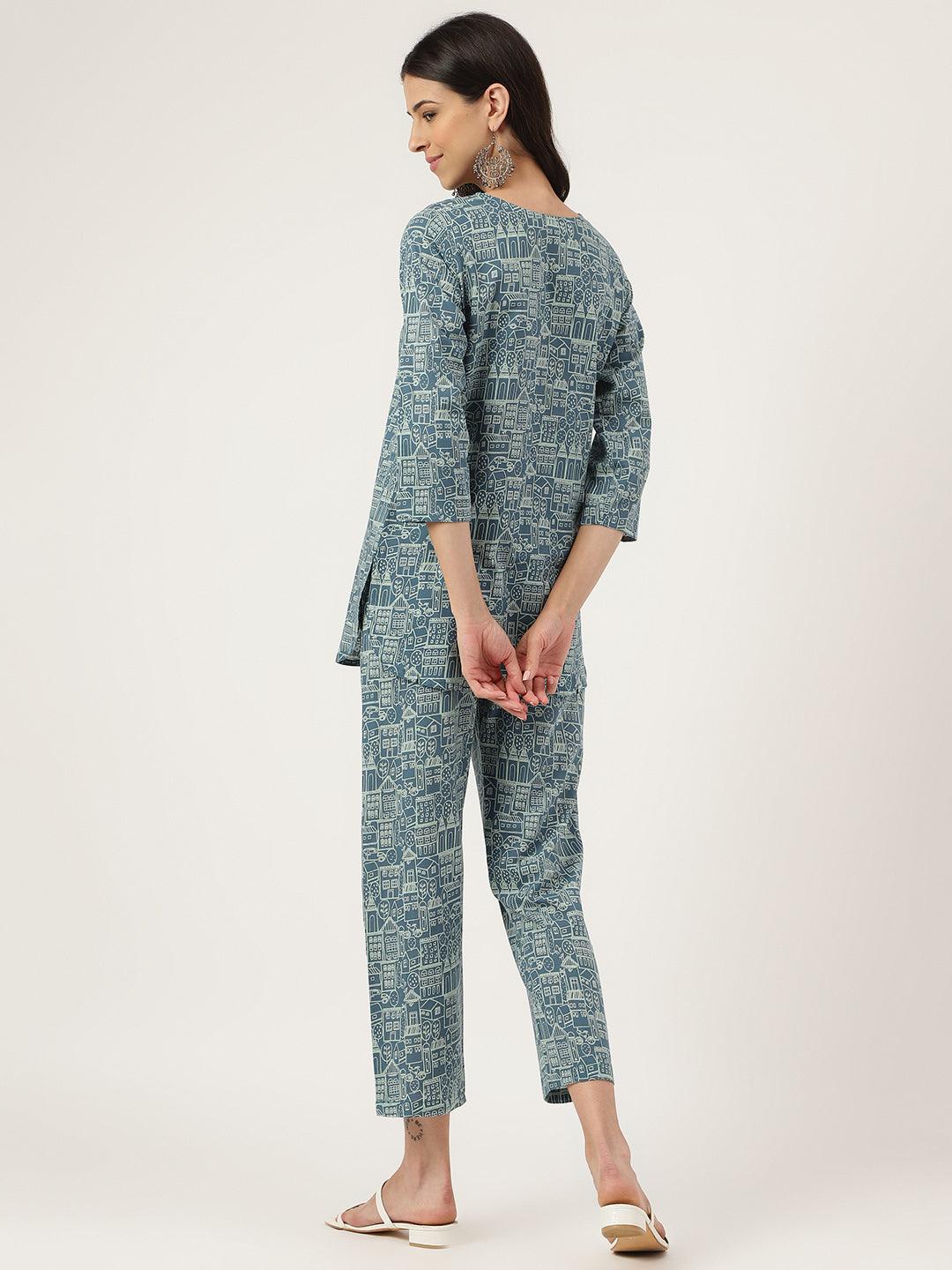 Teal Blue Printed Loungewear/Nightwear | LASVINI - Redefining Indian Fashion with Elegance