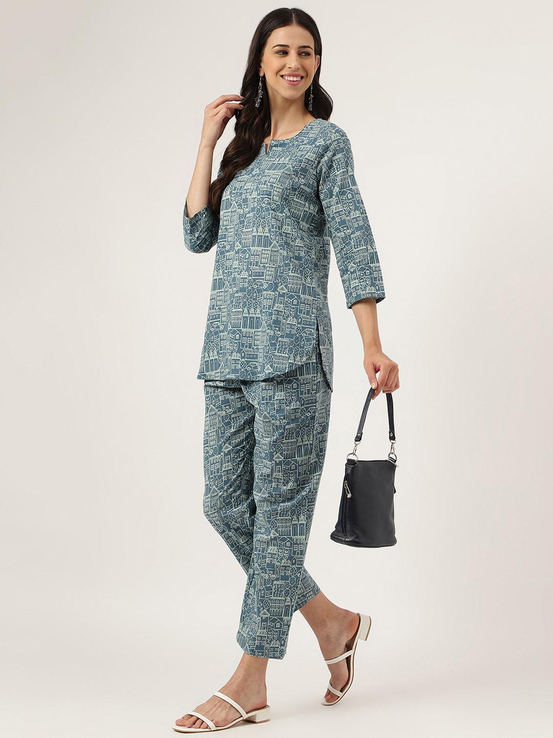 Teal Blue Printed Loungewear/Nightwear | LASVINI - Redefining Indian Fashion with Elegance