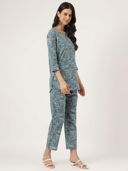 Teal Blue Printed Loungewear/Nightwear | LASVINI - Redefining Indian Fashion with Elegance