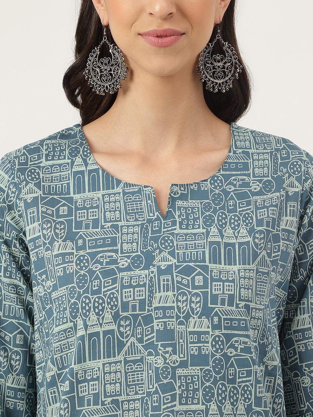 Teal Blue Printed Loungewear/Nightwear | LASVINI - Redefining Indian Fashion with Elegance