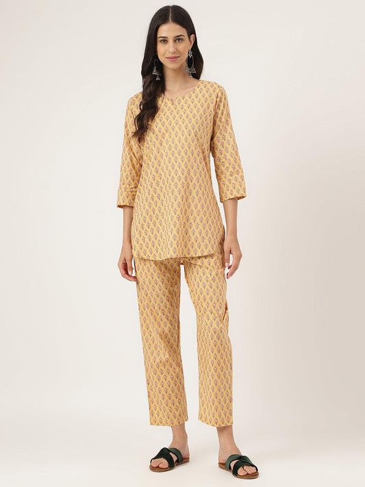 Mustard Printed Loungewear/Nightwear | LASVINI - Redefining Indian Fashion with Elegance