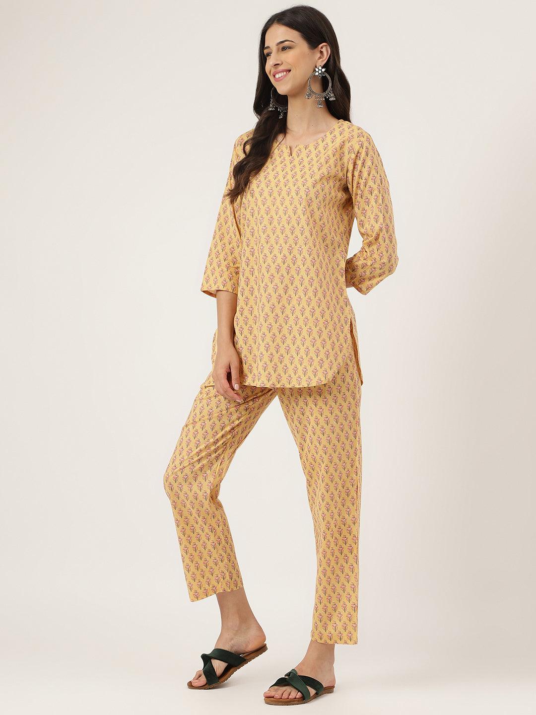 Mustard Printed Loungewear/Nightwear | LASVINI - Redefining Indian Fashion with Elegance