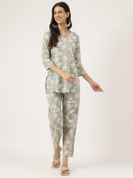 Mint Green Printed Loungewear/Nightwear | LASVINI - Redefining Indian Fashion with Elegance
