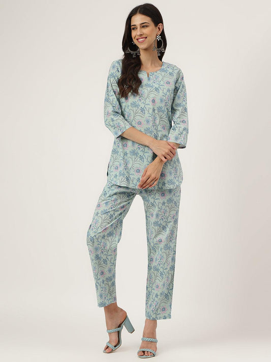 Turquoise Blue Printed Loungewear/Nightwear | LASVINI - Redefining Indian Fashion with Elegance