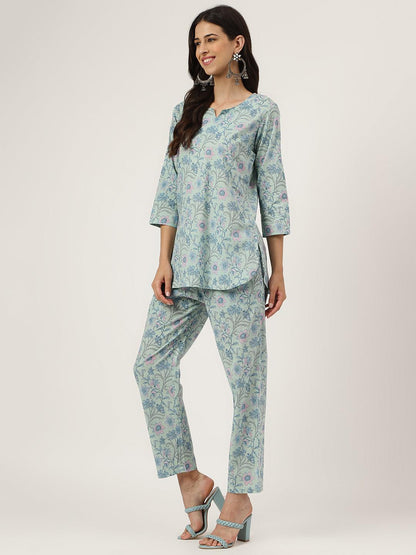 Turquoise Blue Printed Loungewear/Nightwear | LASVINI - Redefining Indian Fashion with Elegance