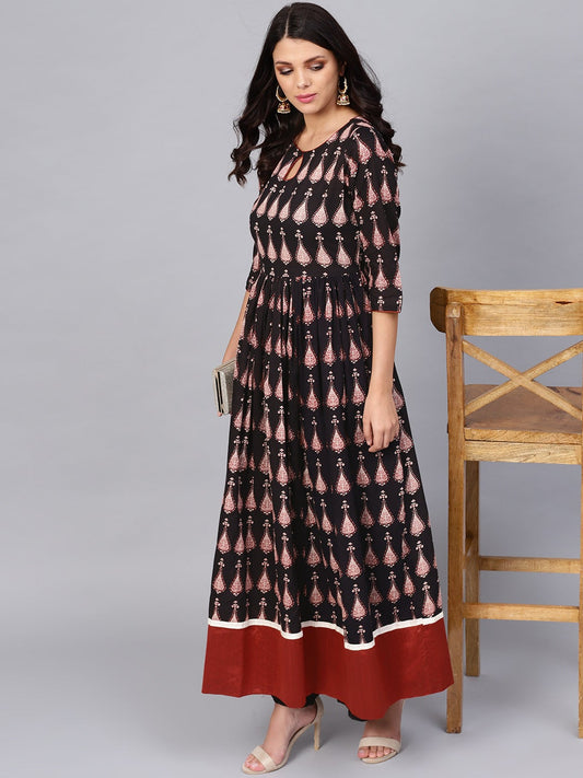 Women'S Black Printed Cotton Floor Lenth Anarkali | LASVINI - Redefining Indian Fashion with Elegance