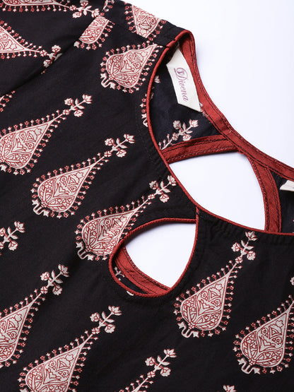 Women'S Black Printed Cotton Floor Lenth Anarkali | LASVINI - Redefining Indian Fashion with Elegance