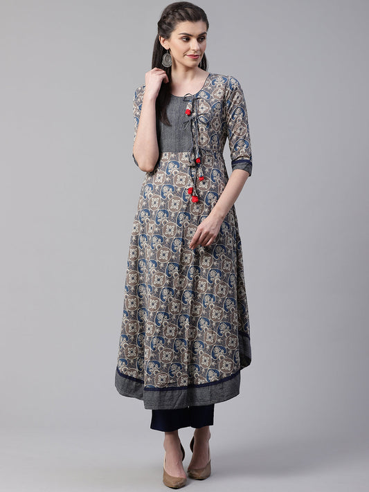 Women'S Blue And Grey Cotton Anarkali | LASVINI - Redefining Indian Fashion with Elegance