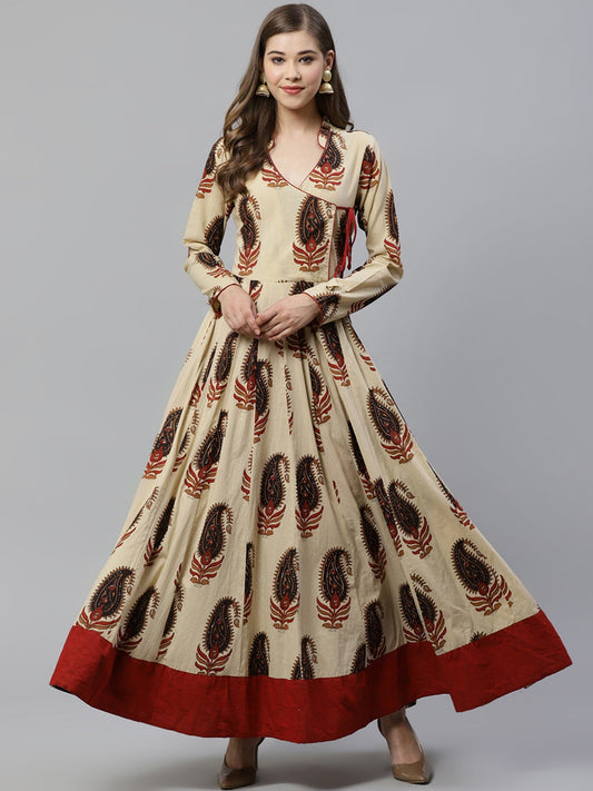 Women'S Cream Floor Length Cotton Anarkali Kurti | LASVINI - Redefining Indian Fashion with Elegance
