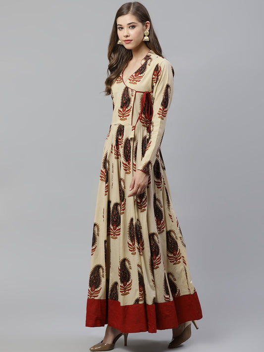 Women'S Cream Floor Length Cotton Anarkali Kurti | LASVINI - Redefining Indian Fashion with Elegance