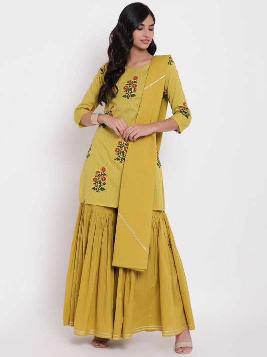 Women'S Lemon Yellow Cotton Sharara Kurta Set With Dupatta | LASVINI - Redefining Indian Fashion with Elegance