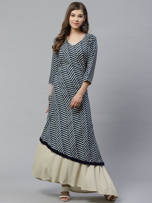Women'S Double Layered Blue And Cream Rayon Kurta | LASVINI - Redefining Indian Fashion with Elegance