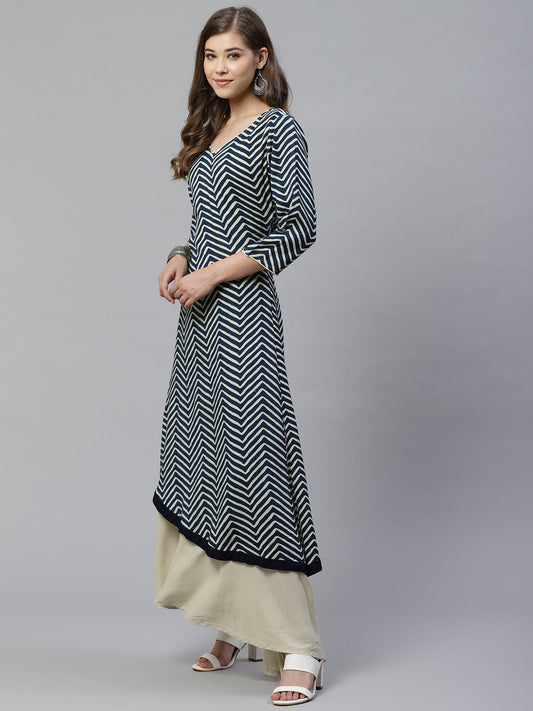 Women'S Double Layered Blue And Cream Rayon Kurta | LASVINI - Redefining Indian Fashion with Elegance