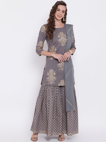 Women'S Grey Foil Print Cotton Sharara Set With Net Dupatta | LASVINI - Redefining Indian Fashion with Elegance