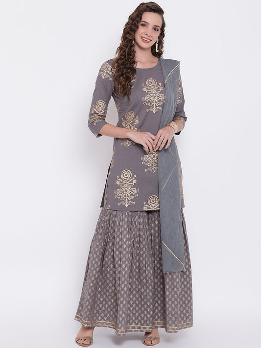 Women'S Grey Foil Print Cotton Sharara Set With Net Dupatta | LASVINI - Redefining Indian Fashion with Elegance