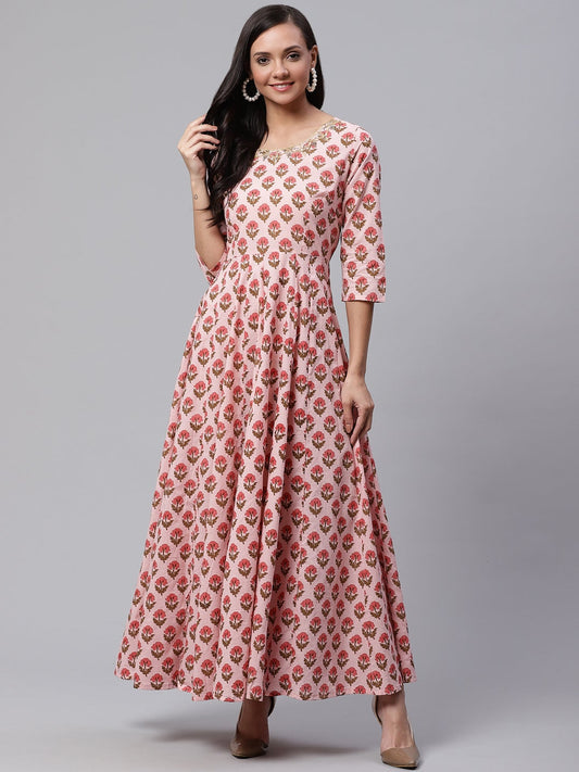 Women'S Pink Cotton Gotta Patti Work Anarkali Kurta | LASVINI - Redefining Indian Fashion with Elegance