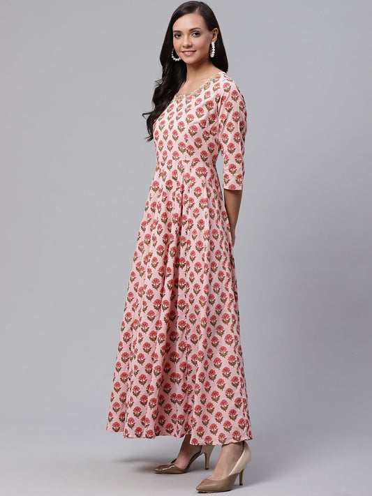 Women'S Pink Cotton Gotta Patti Work Anarkali Kurta | LASVINI - Redefining Indian Fashion with Elegance