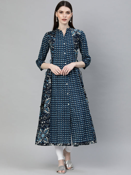 Women'S Navy Blue Printed A- Line Kurta | LASVINI - Redefining Indian Fashion with Elegance