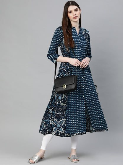 Women'S Navy Blue Printed A- Line Kurta | LASVINI - Redefining Indian Fashion with Elegance
