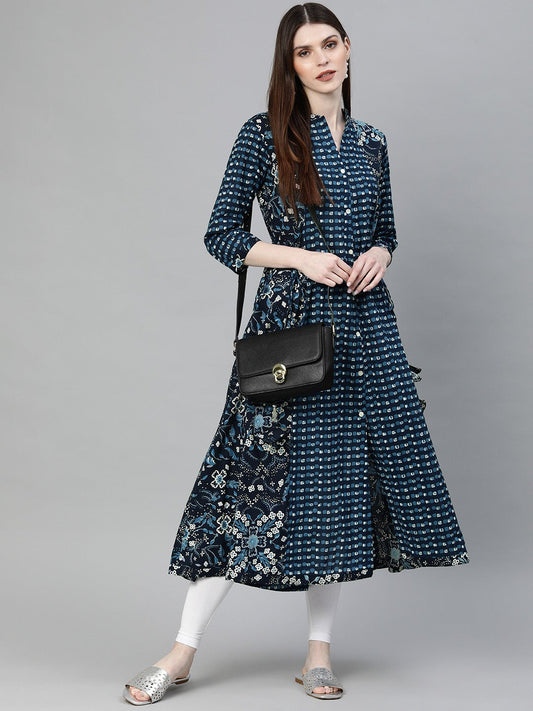 Women'S Navy Blue Printed A- Line Kurta | LASVINI - Redefining Indian Fashion with Elegance
