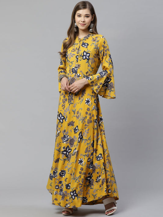 Women'S Mustard Rayon Anarkali Kurta | LASVINI - Redefining Indian Fashion with Elegance