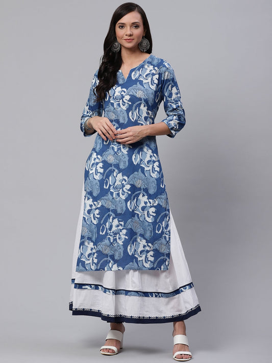 Women'S Blue Cotton Kurta With Mulmul Sharara | LASVINI - Redefining Indian Fashion with Elegance