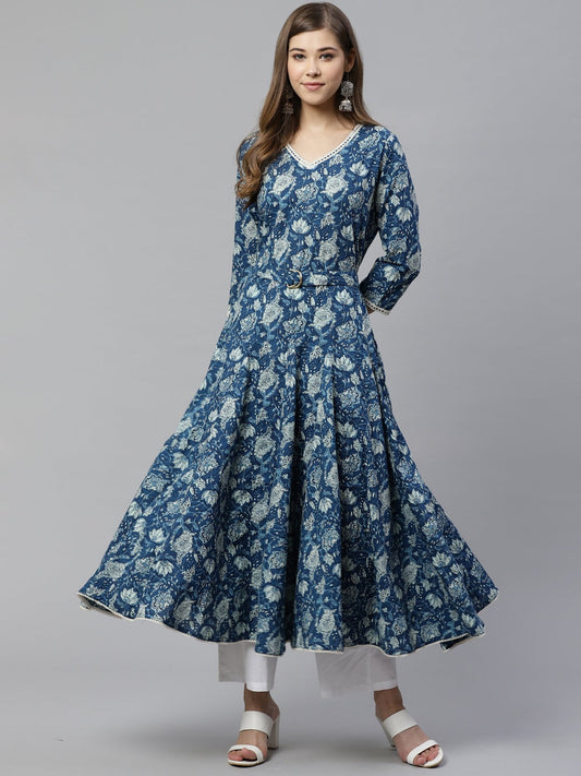 Women'S Indigo Flaired Kurta With Belt | LASVINI - Redefining Indian Fashion with Elegance