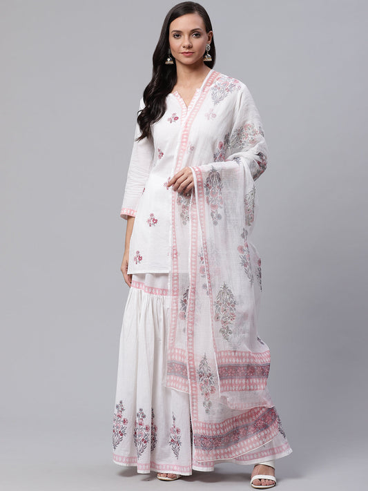 Women'S White Cotton Kurti Sharara With Kota Dori Dupatta | LASVINI - Redefining Indian Fashion with Elegance