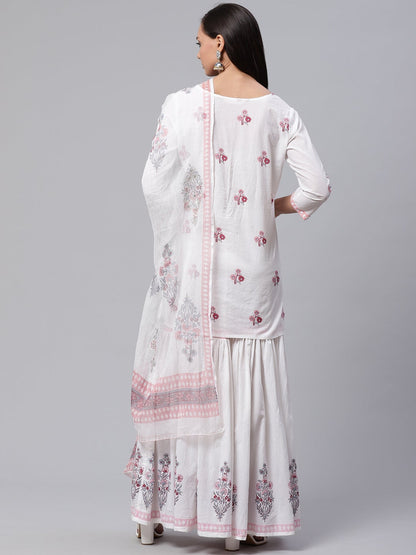 Women'S White Cotton Kurti Sharara With Kota Dori Dupatta | LASVINI - Redefining Indian Fashion with Elegance