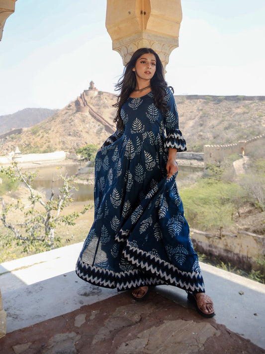 Women Blue Long Cotton Anarkali | LASVINI - Redefining Indian Fashion with Elegance