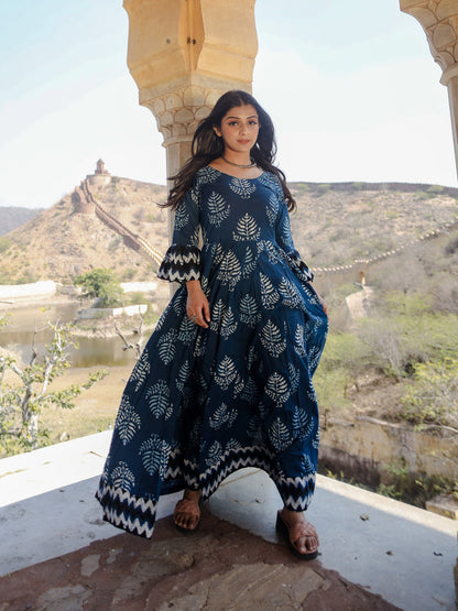 Women'S Blue Long Cotton Anarkali | LASVINI - Redefining Indian Fashion with Elegance