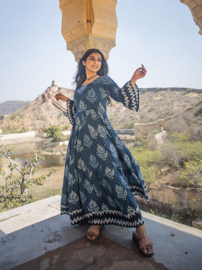 Women'S Blue Long Cotton Anarkali | LASVINI - Redefining Indian Fashion with Elegance