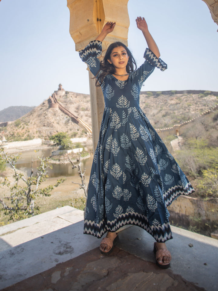 Women'S Blue Long Cotton Anarkali | LASVINI - Redefining Indian Fashion with Elegance