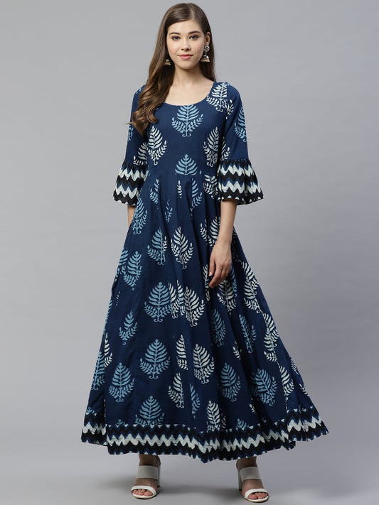 Women'S Blue Long Cotton Anarkali | LASVINI - Redefining Indian Fashion with Elegance