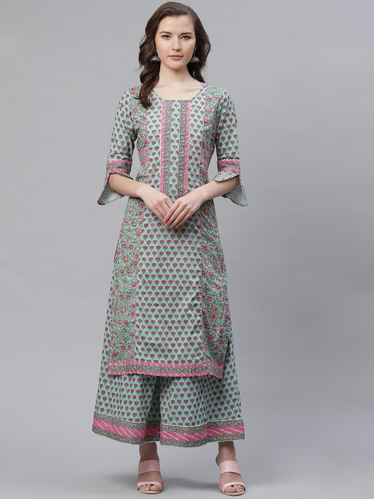 Women'S Blue Printed Straight Kurti With Palazzo | LASVINI - Redefining Indian Fashion with Elegance
