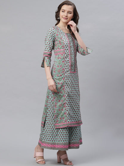 Women'S Blue Printed Straight Kurti With Palazzo | LASVINI - Redefining Indian Fashion with Elegance