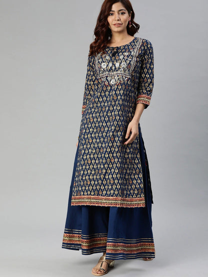Women'S Navy Blue Cotton Gota Patti Palazzo Set | LASVINI - Redefining Indian Fashion with Elegance