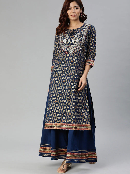 Women'S Navy Blue Cotton Gota Patti Palazzo Set | LASVINI - Redefining Indian Fashion with Elegance