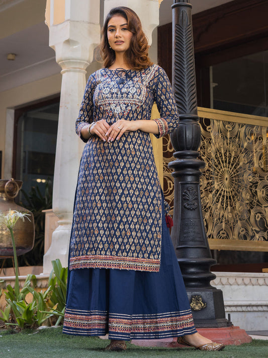 Women Navy Blue Cotton Gota Patti Palazzo Set | LASVINI - Redefining Indian Fashion with Elegance