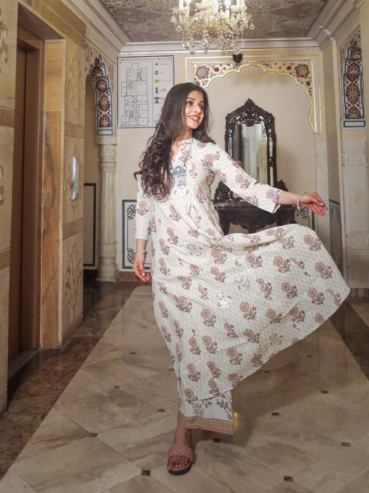 Ivory White Self Print Cotton Kurti With Palazzo Set | LASVINI - Redefining Indian Fashion with Elegance